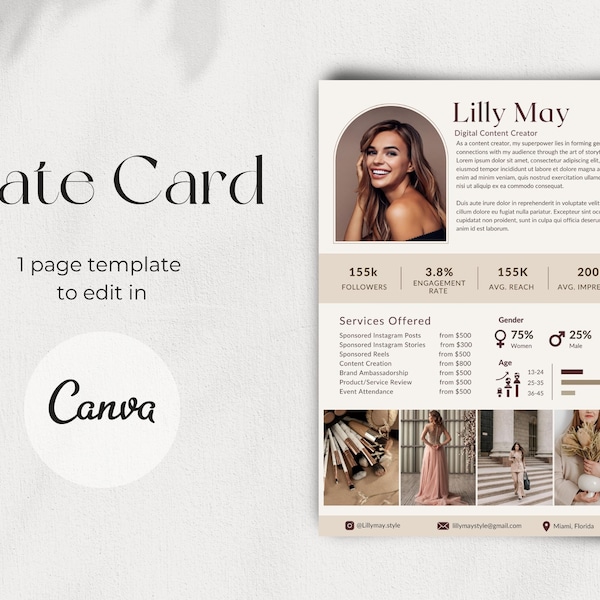 Influencer Rate Card Template | Content Creator Rate Card | Rate Sheet for Instagram Influencer  | Modern Beige Rate Card Canva Template