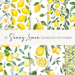 May include: Ten watercolor seamless patterns featuring bright yellow lemons, green leaves, and white blossoms. The patterns include whole and sliced lemons, with the text "Sunny Lemon" in a script font.