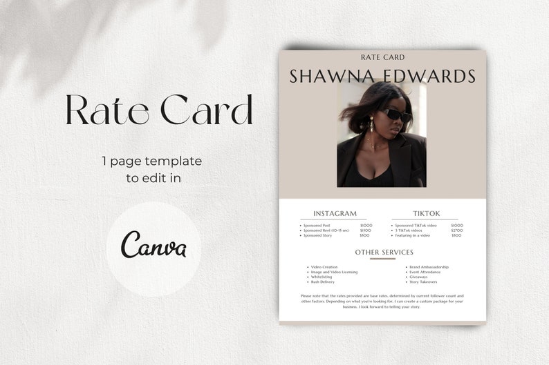 Rate Card Template Instagram & Tiktok Rate Card Rate Sheet for Content