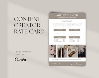 Influencer Rate Card Template | Content Creator Rate Card | Rate Sheet for Instagram Influencer  | Modern Beige Rate Card Canva Template
