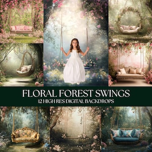 Floral Forest Swings Digital Backdrop, Photoshop Background for Maternity, Wedding & Portrait Photography, Flower Digital Background Set