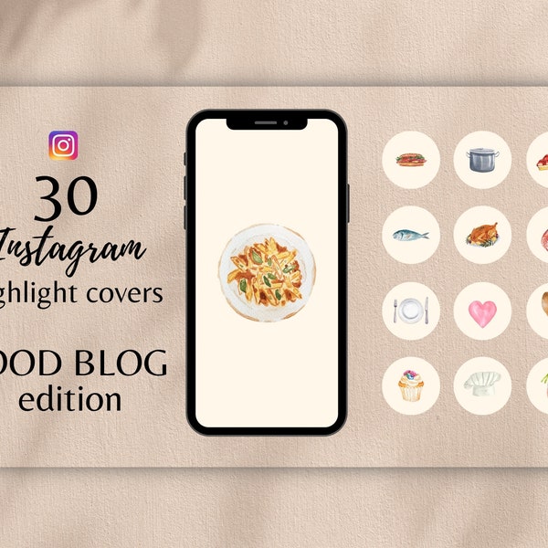 Food Highlight Covers | Watercolor Highlight Covers for Food Blog | IG Story Covers for Recipe Author, Chef, Restaurant, Foodie