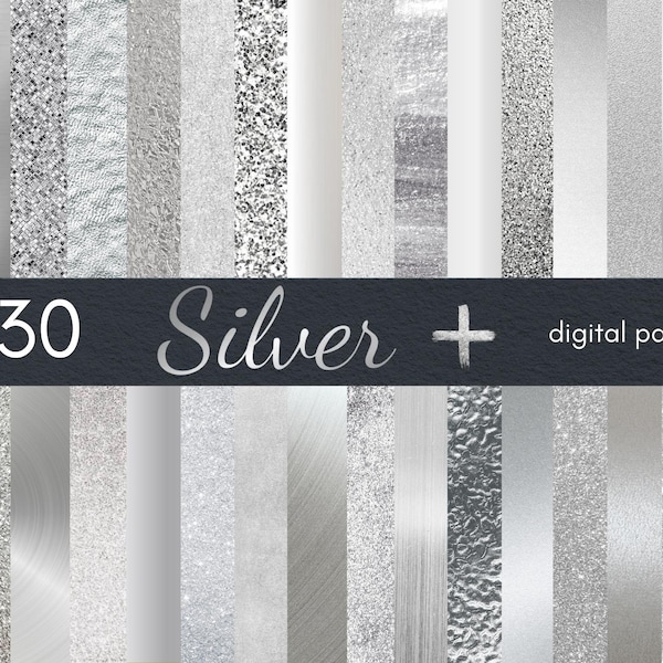 30 Silver Digital Papers | Silver Glitter Textures | Silver Foil Scrapbook Paper | Silver Metallic Texture for Photoshop | Silver Background