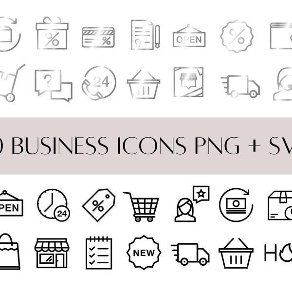 30 Business Icons SVG + Silber PNG | E-Business Icons | Online Shop Icons mit transparentem Hintergrund | Online-Shop Business Icons Set