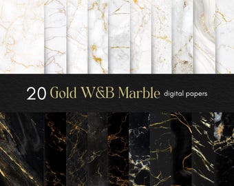 Gold Marble Digital Paper, Glam Black White Textures (Digital Download)