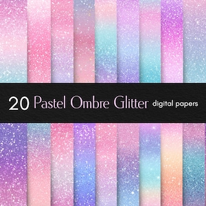 Puede incluir: Una colección de 20 papeles digitales con purpurina y degradado pastel. Los papeles presentan una variedad de colores, incluyendo rosa, azul, morado y turquesa, con un efecto de purpurina brillante. Se muestra el texto "20 Pastel Ombre Glitter digital papers".