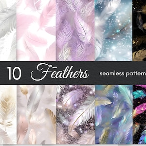 May include: Ten seamless patterns featuring feathers in various colours and styles, including white, pink, purple, gold, and blue. The patterns are set against backgrounds of white, black, and blue.