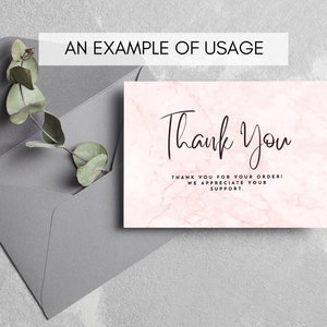 Peut inclure: Une carte de remerciement en marbre rose avec du texte noir qui dit "Merci" et "Merci pour votre commande ! Nous appr&eacute;cions votre soutien."