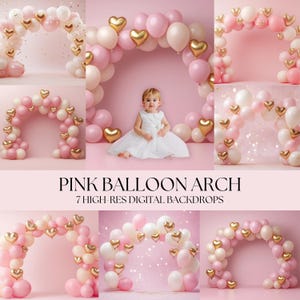 Pink & Gold Balloon Arch Backdrops, Baby Birthday Photo Background, Cake Smash Digital Backdrop, High Res JPG First Birthday Photoshoot