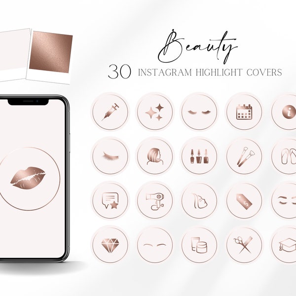 30 Instagram Highlight Covers for Beauty Salon - Light Pink and Rose Gold - Perfect for Beautician, Lashes, Brows Master