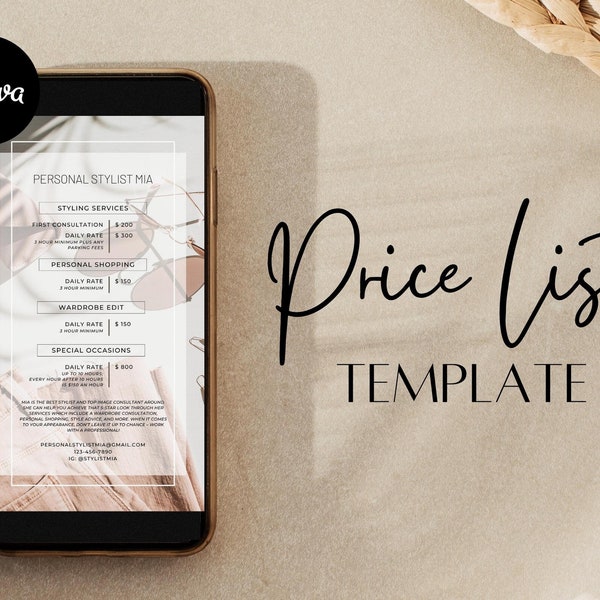 Electronic Price List for Instagram | Personal Stylist Price List Template | Price List to Edit in Canva | Personal Shopper Price List