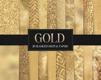 May include: A collection of 20 seamless digital papers in various shades of gold. The papers feature textures like glitter, geometric patterns, and metallic finishes. The word "GOLD" is displayed on a black rectangle.