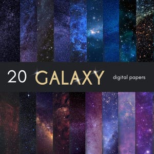 Puede incluir: Una colección de 20 papeles digitales de galaxias. Los papeles presentan una variedad de colores, incluyendo azules profundos, púrpuras y toques de naranja y verde, con estrellas brillantes. El texto "20 GALAXY digital papers" se muestra sobre un fondo negro.