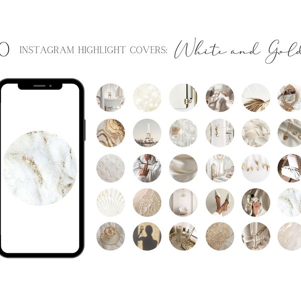 White and Gold Highlight Covers For Instagram Story | Cream, Ivory and Gold Aesthetic Instagram Buttons | Trendy Highlight Covers