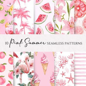 Puede incluir: Una colección de diez patrones sin costuras de verano en rosa. Los patrones presentan ilustraciones de acuarela de cócteles, palmeras, rodajas de sandía, lirios rosas, pomelos, melocotones, flamencos, conos de helado, corales y diseños a rayas.