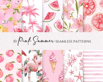 Pink Summer Seamless Patterns, Digital Paper Pack, Pink Flamingo Ice Cream Tropical Backgrounds, Beach Scrapbook Paper, Instant Download