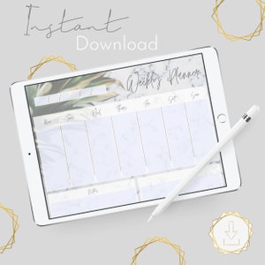 Puede incluir: Un planificador semanal en una tableta con un diseño de mármol y hojas. El planificador tiene espacios para cada día de la semana, de lunes a domingo, y una sección de notas.