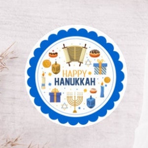 Happy Hanukkah, 20 Piece Sheet Of Matte White Round 2" Stickers, Gift Box Stickers, Party Favor Stickers, Gift Bag Stickers