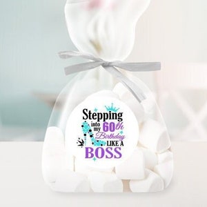 60th Birthday Stickers, Stepping Into My 60th Birthday Like A Boss. 20 Piece Sheet Of Matte White Round 2&quot; Stickers, 60th Birthday Favors