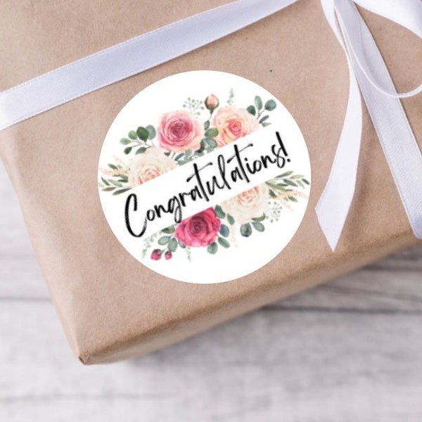 Congratulations Floral Stickers, 20 Piece Sheet Of Matte White Round 2" Stickers, Watercolor Floral Gift Box Stickers, Party Favor Stickers