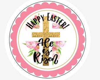 Easter Stickers, Happy Easter He Is Risen Cross Sticker 20 Piece Sheet Of Matte White Round 2" Sticker, Easter Party Favor Sticker, Gift Bag