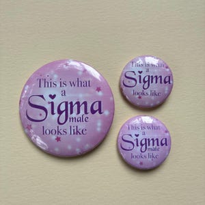 May include: Three round, light purple buttons with the text "This is what a Sigma male looks like" in dark purple. The buttons have a starry background and are in varying sizes.