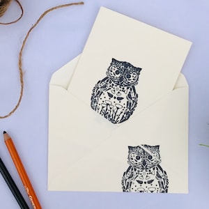cartes timbrées hibou, cartes modernes, cartes vierges, cartes de voeux, lot de quatre cartes différentes avec enveloppe timbrée, carte bohème, lot de cartes-cadeau,