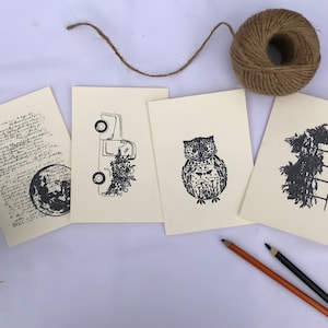 Lot de quatre cartes timbrées à la main, cartes modernes, cartes vierges, cartes de voeux, lot de quatre cartes différentes avec enveloppe timbrée, carte bohème