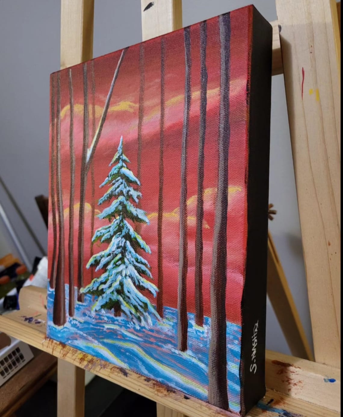 Original Acrylic Painting on Heavy Duty Stretched Canvas, the Evergreen, Christmas Artwork