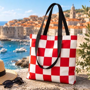 Croatia Checkerboard Tote Bag, Croatian Red White Beach Bag, Hrvatska Pride Accessory