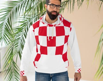 Croatia Checkered Hoodie, Croatian Soccer Fan Hoodie, White Sleeve Pullover, Hrvatska Football Sweatshirt, Match Day Gift, Unisex