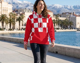 Croatia Checkered Hoodie, Croatian Soccer Fan Hoodie, Red Sleeve Pullover, Hrvatska Football Sweatshirt, Match Day Gift, Unisex