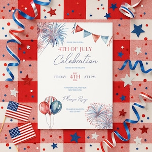 Plantilla de invitación para el 4 de julio: diseño editable de Canva para una celebración patriótica. Fuegos artificiales rojos, blancos y azules imprimibles. Descarga instantánea.