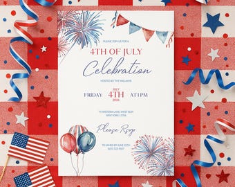 4th of July Invitation Template – Patriotic Celebration Invite Editable Canva Design, Red White & Blue Fireworks Printable, Instant Download