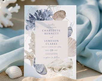 May include: Wedding invitation featuring a watercolor design with seashells, coral, and starfish in shades of blue, beige, and white. The invitation includes the names Charlotte Bennett and Jameson Clarke, with the wedding date July 19, 2027.