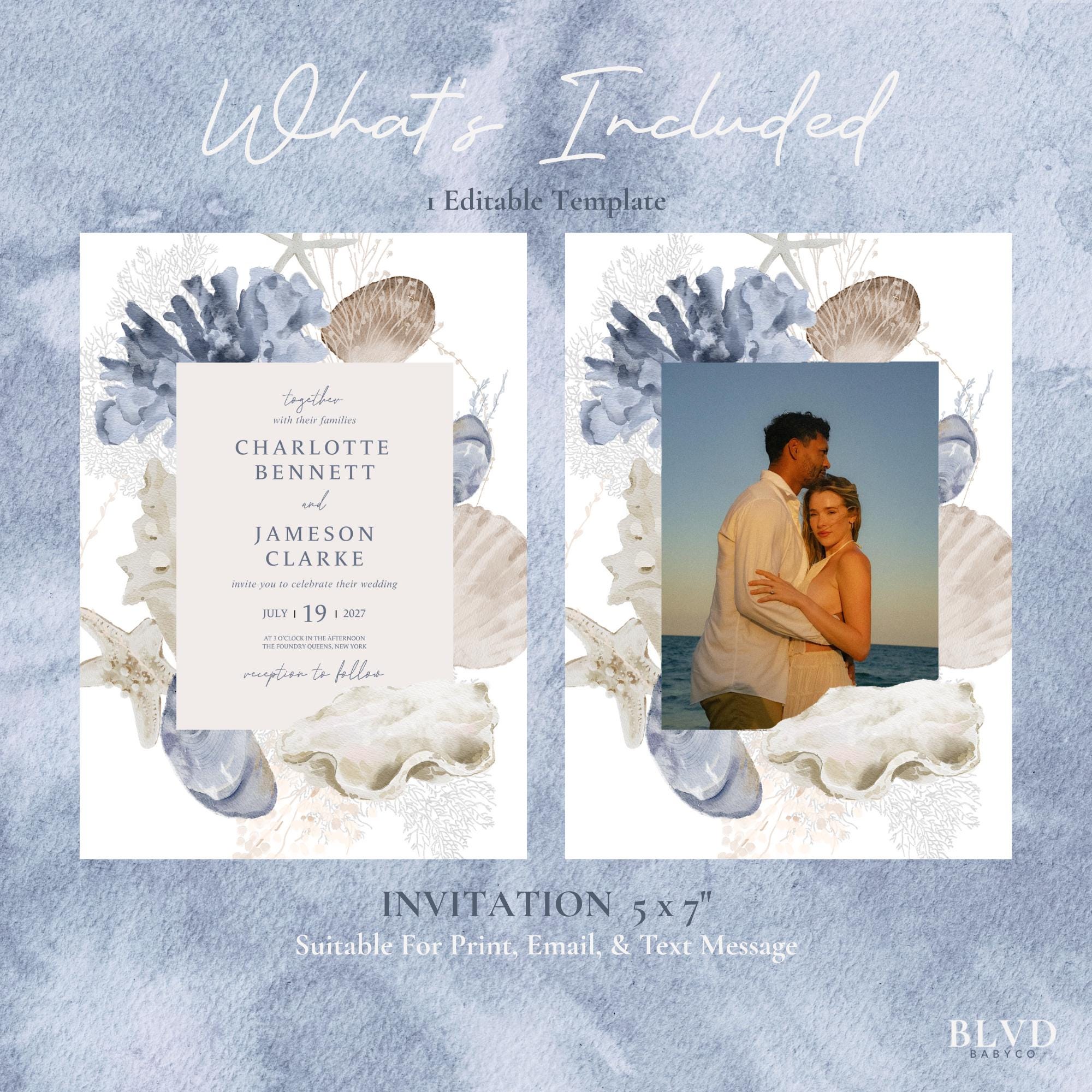 Beach Wedding Invitation Template: Coastal Seashells, Editable Canva ...