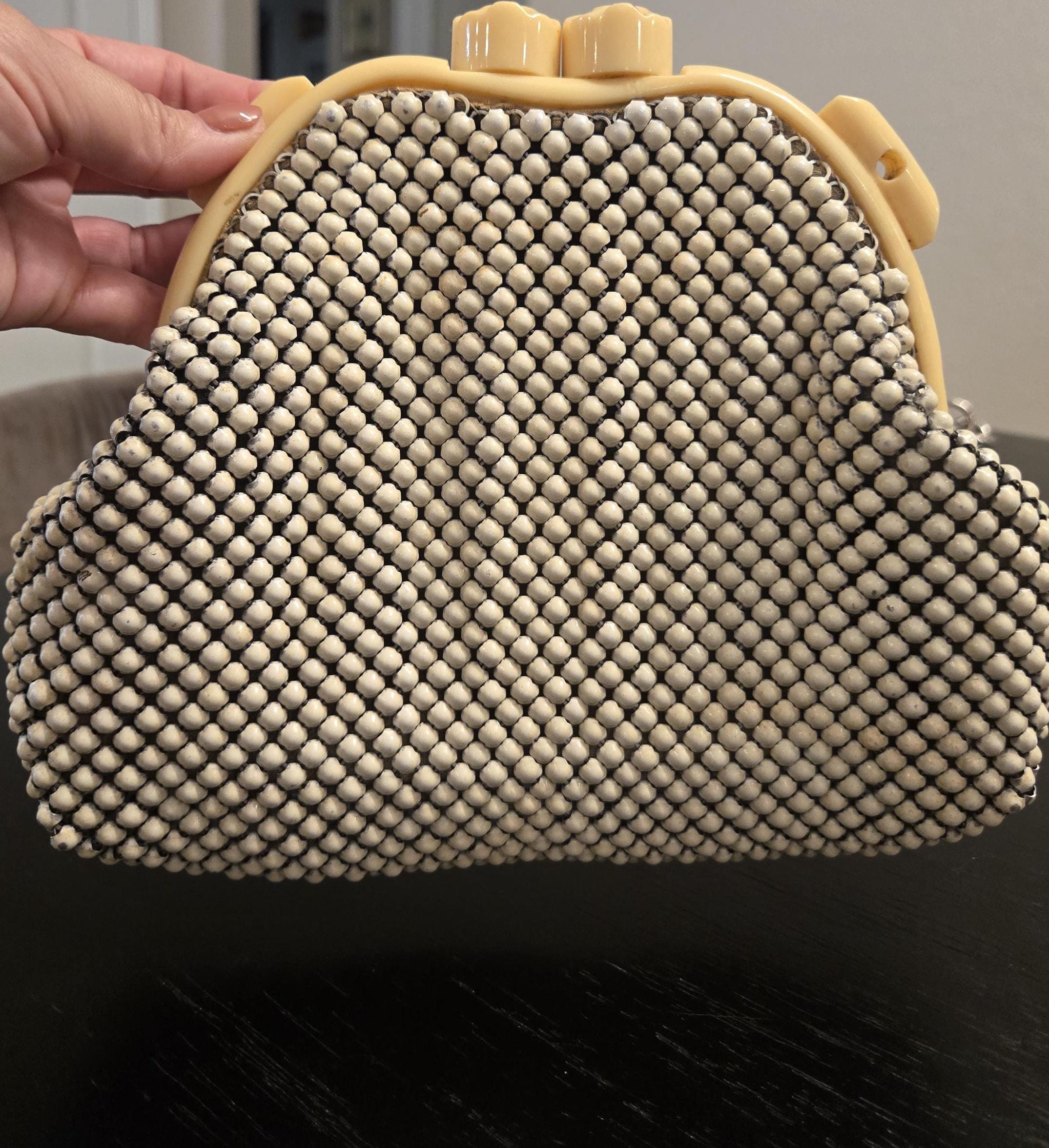 Vintage Whiting & Davis White Enamel Mesh Purse Cream