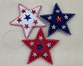 Set of 3 Felt Hanging Ornaments, Patriotic Stars, Patriotic Decor, Independence Day 4th of July Christmas Tree Home Decor