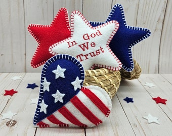 Set of 4 Felt Fabric Heart and Stars, 4th of July Bowl Filler, Desk Table Tiered Tray Home Patriotic Decor