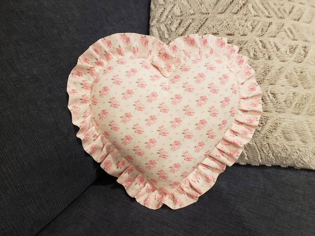 Ruffle Heart Pillow, Pink Floral Pillow, Farmhouse Country Decor