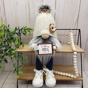 Coffee Gnome, Coffee Bar Decor, Wine Lovers Gnome, Sitting Gnome with Sign, Mantel Desk Tiered Tray Decor