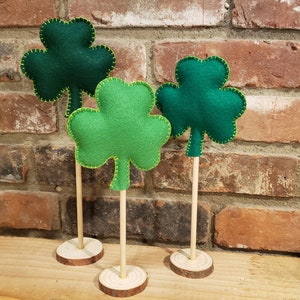 St Patrick's Day Decor, 3 Tall Standing Shamrock Clover Felt Set, Green Clover Ornaments, March Mantel, Shelf, Desk, Home Decor image 4