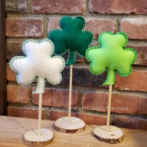 St Patrick's Day Decor, 3 Tall Standing Shamrock Clover Felt Set, Green Clover Ornaments, March Mantel, Shelf, Desk, Home Decor image 2