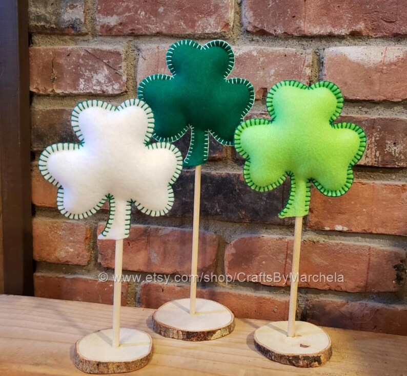 St Patrick's Day Decor, 3 Tall Standing Shamrock Clover Felt Set, Green Clover Ornaments, March Mantel, Shelf, Desk, Home Decor image 2