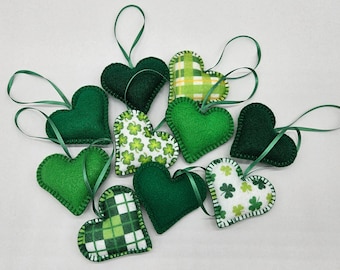 Green Hanging Hearts, Felt Decorative Hearts, Heart Ornaments, St Patrick's Day Christmas Tree Decor ~ Set of 10