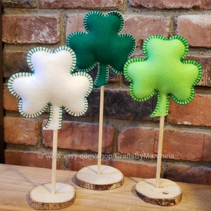 St Patrick's Day Decor, 3 Tall Standing Shamrock Clover Felt Set, Green Clover Ornaments, March Mantel, Shelf, Desk, Home Decor Green and white