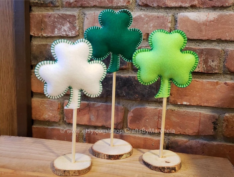 St Patrick's Day Decor, 3 Tall Standing Shamrock Clover Felt Set, Green Clover Ornaments, March Mantel, Shelf, Desk, Home Decor Green and white