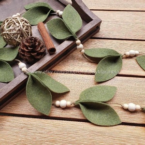 Olive Green Magnolia Leaf Felt Garland, Leaf and Beads Garland, Mantle Table Farmhouse Decor ~ Crafts By Marchela