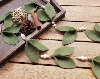 Olive Green Magnolia Leaf Felt Garland, Leaf and Beads Garland, Mantle Table Farmhouse Decor ~ Crafts By Marchela