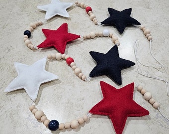 Felt Stars Garland with Beads, Garland Banner, Patriotic 4th of July Home Decor, Independence Day Mantel Decor